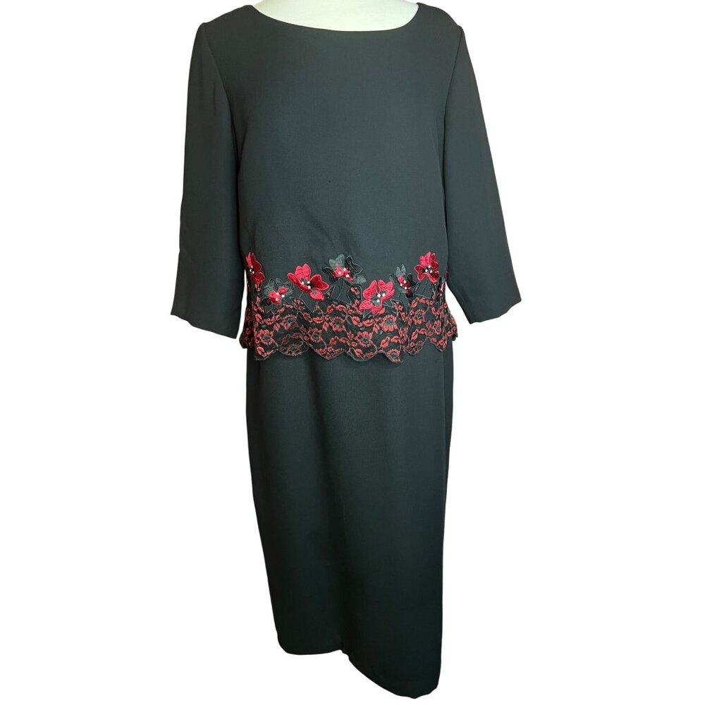 VTG Clues Collections 14P Black Midi Dress Floral Embroidery  Simi to Formal Y2K